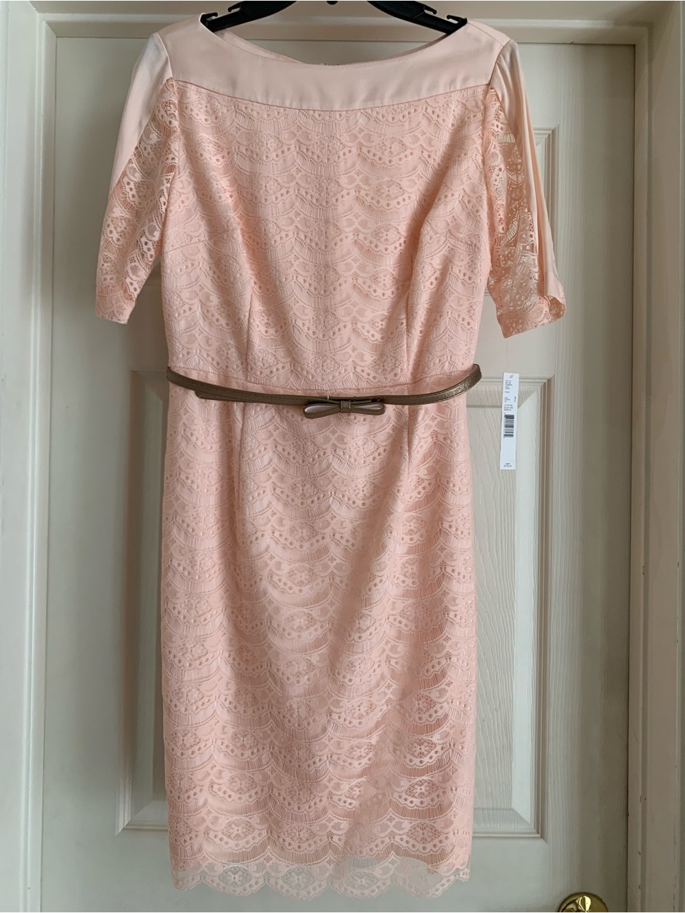 ANTONIO MELANI Blush Pink Lace Midi Dress with Slim Tan Belt